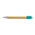 A bamboo spinner pen with a silver tip and turquoise grip, featuring branding on the side.