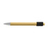 A bamboo spinner pen with a silver tip and a black grip, featuring a branding logo.