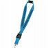 A blue lanyard featuring a logo and a removable buckle for convenience.