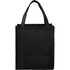 A black non-woven grocery tote bag with sturdy handles and a rectangular shape. It features a logo.