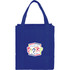 A blue non-woven grocery tote with sturdy handles and a logo on the front.