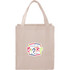 A beige non-woven grocery tote bag with two handles and a logo on the front.