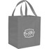 A grey non-woven grocery tote with sturdy handles and a logo on one side.