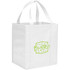 A white reusable grocery tote bag with two handles and a logo. Its square design is spacious and practical.