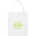 A white reusable grocery tote featuring short handles and a logo in bright green. Suitable for various shopping needs.