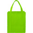 A bright green reusable grocery tote bag with sturdy handles and a simple design. It has a logo on its surface.
