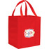 A red non-woven grocery tote with two handles and a logo on one side.