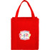A red non-woven grocery tote bag featuring a logo on the front, with sturdy handles.