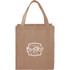 A reusable grocery tote in a tan colour with sturdy handles and a logo on the front.