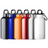 A drink bottle collection featuring black, blue, orange, red, silver, and white designs, each with a carabiner and logo.
