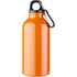 A drink bottle in vibrant orange with a black rim and attached carabiner. Includes a logo.