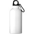 A drink bottle in white with a black cap and a carabiner attached for carrying convenience.