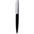 A metal ballpoint pen with a silver barrel and a black grip. The pen features a logo on the body.