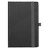 A black notebook featuring a geometric textured cover and a grey elastic band for closure. It has a logo on the cover.