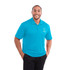 A blue short sleeve polo shirt for men, featuring a logo on the chest.