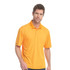 A man wearing a bright yellow short sleeve polo shirt with a logo on the sleeve.