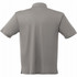 A grey men's short sleeve polo shirt featuring a collar and side slits, with a logo on the back.