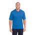 A blue short sleeve polo shirt for men, featuring a collar and a logo on the sleeve.
