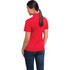 A red women's short sleeve polo shirt with a collar, featuring a logo on the back.