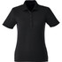 A black women's polo shirt featuring a collar and button placket, with a logo on the chest.