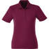 A women's short sleeve polo shirt in a rich burgundy colour, featuring a collar and button detailing. It has a logo.