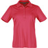 A women's short sleeve polo shirt in bright pink, featuring a collar and buttons, with a logo on the chest.