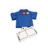 A blue and white USB flash drive shaped like a shirt, featuring a logo. The drive is designed with intricate details.