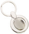A silver swivel keyring featuring a circular design with a smooth finish and a central pivot point.