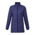 A navy puffer jacket featuring a zip front, high collar, and side pockets. It has a lightweight, insulated design.