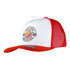 A red and white trucker cap featuring a logo and mesh backing. Ideal for casual wear.