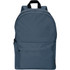 A dark blue laptop backpack with a simple design and front zip pocket, featuring shoulder straps and a top handle.