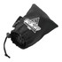 A black drawstring pouch containing two massage balls, featuring a logo on the front.