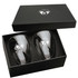 A glass coffee and tea set featuring two clear glasses in a black gift box, with a logo on each glass.