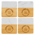 A set of four square coasters featuring a marble top and bamboo bottom, each with a branded logo.