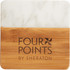 A marble and bamboo coaster featuring a light marble top and a bamboo base, with a logo on the surface.