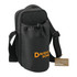 A drink bottle cooler in black fabric, featuring an adjustable strap and a pouch, with a logo on the front.