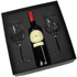 A wine box featuring a red wine bottle and two clear wine glasses, all in a black cushioned packaging.
