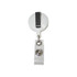 A white retractable badge holder with a metal clip and a transparent reel attachment.