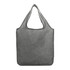 A grey reusable shopping tote, featuring a sturdy design and a carry handle, with a visible logo.