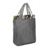 A large grey reusable tote bag with two shoulder straps, containing a drink bottle and a magazine.