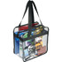 A clear zippered safety tote bag with black trim, featuring various items inside. The bag has a logo on one side.