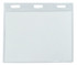 A clear plastic name badge holder featuring three slots at the top. It is designed for displaying identification.