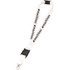 A white lanyard featuring a clip at the end and a logo pattern running along its length.