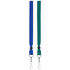 A blue and green ribbon lanyard, 15mm wide, featuring metal clips at both ends and a design for events.