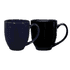A coffee mug set featuring a navy blue and a black glossy finish, each with a curved handle.