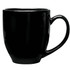 A coffee mug with a glossy black finish, featuring a curved handle and a tapered base.