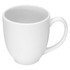 A glossy white coffee mug with a rounded design and a handle, suitable for beverages.
