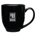A black coffee mug with a glossy finish and a handle, featuring a logo on one side.