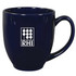 A navy blue coffee mug with a rounded shape and a handle, featuring a logo on one side.