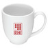 A coffee mug in glossy white featuring a logo, with a spacious handle and a capacity of 440ml.